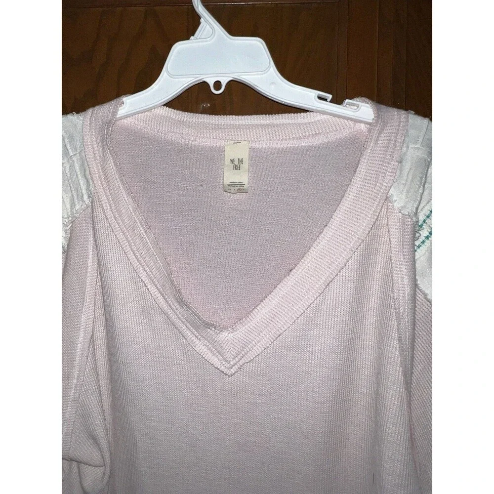 Free People Shirt Womens M Bubble Tee Tops Blouson puff Sleeves embroidered Pink